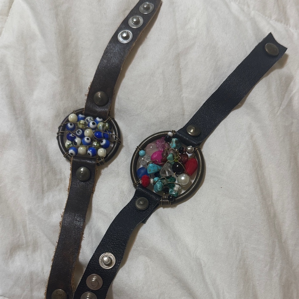 2 Leather Bracelets with Beaded Accents